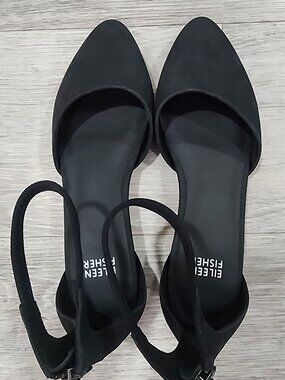 Eileen Fisher Suede Ankle Strap Suede Low Heel Black Pump Shoes Women's 7